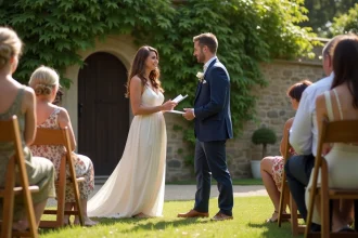 Couple échangeant des vœux lors d'un mariage laïque en plein air dans un jardin de campagne française