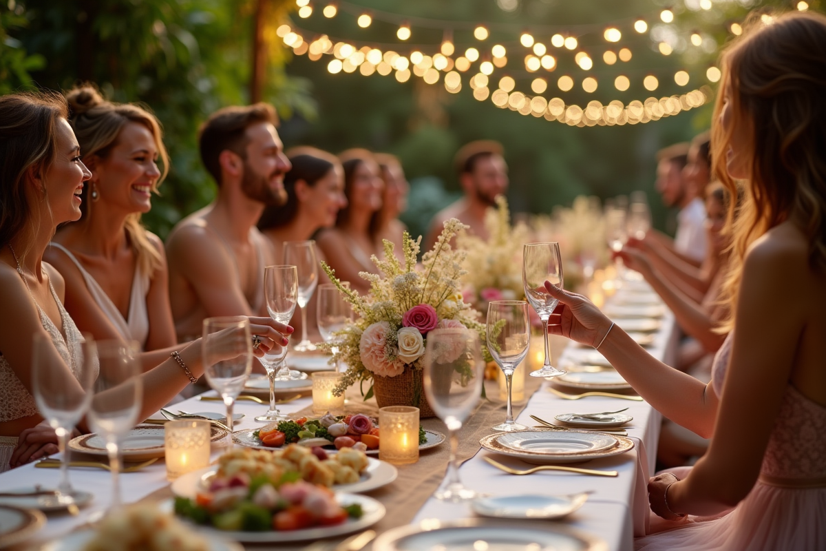 Table de mariage luxueuse en plein air avec fleurs et plats