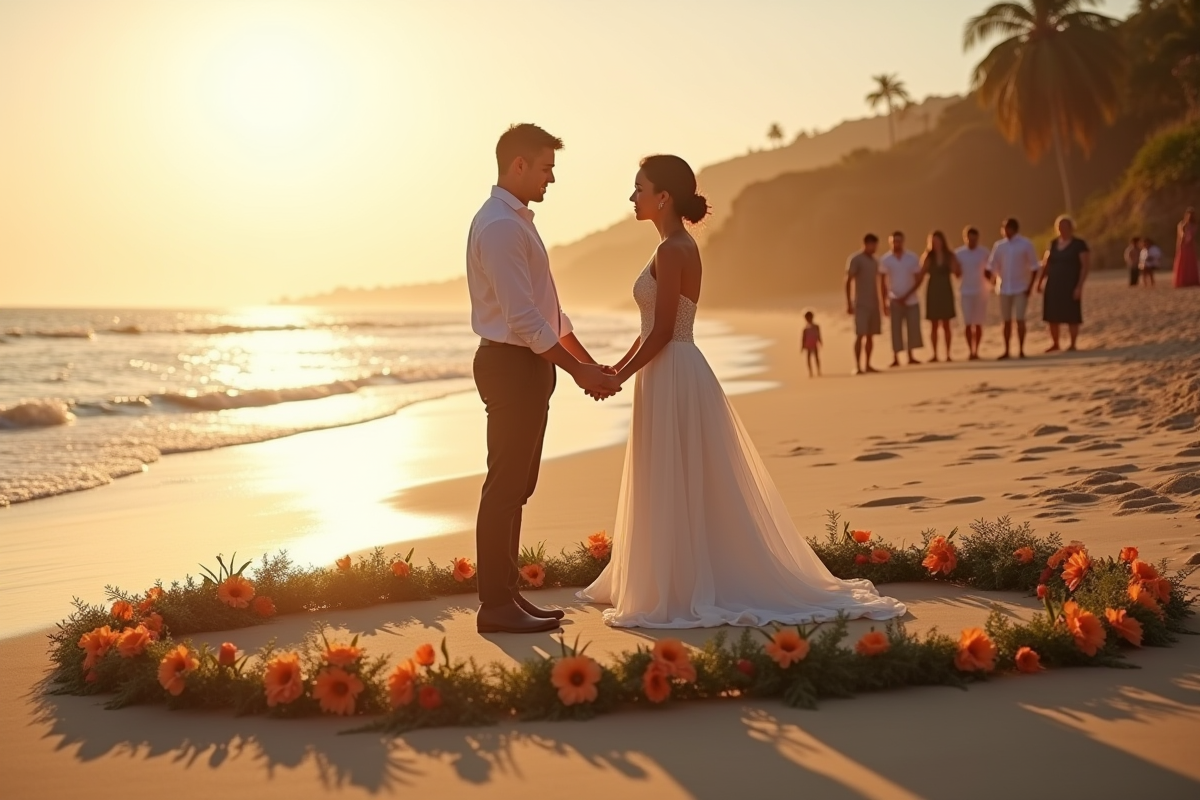 Couple se tenant la main sur la plage avec des fleurs tropicales en cercle