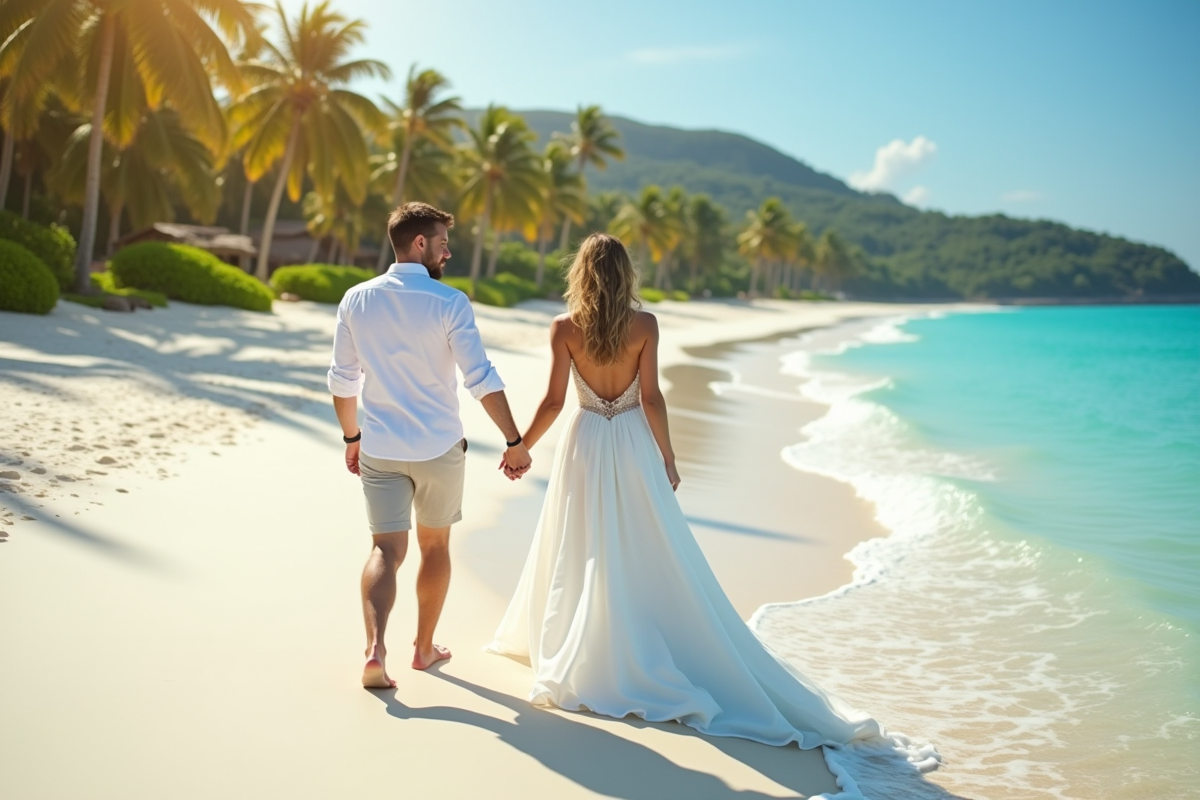 Couple marié marchant sur plage de sable blanc avec eau turquoise