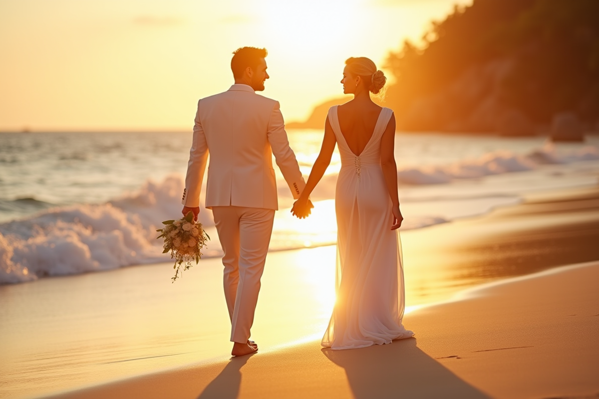 Jeune couple main dans la main sur une plage tropicale ensoleillee