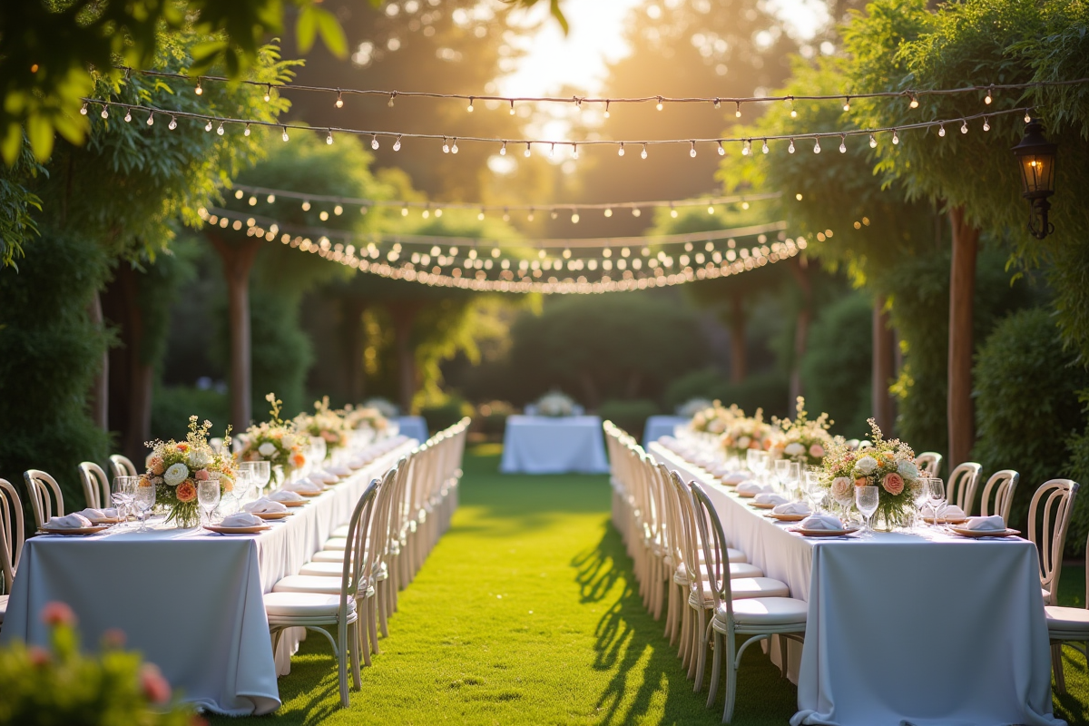 Réception de mariage en plein air dans un jardin avec tables élégantes et lumières