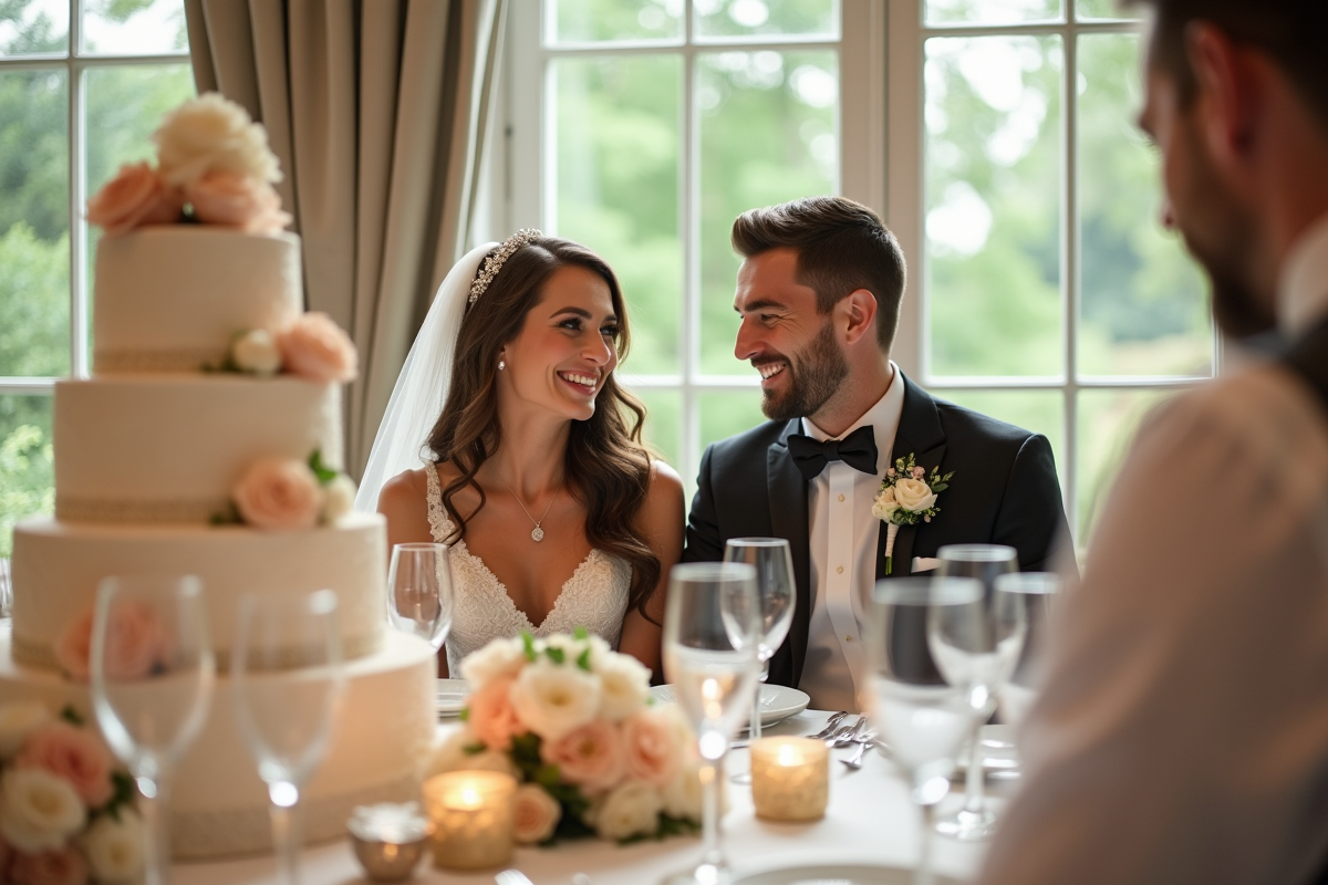 Jeune couple de mariés lors d'une réception élégante