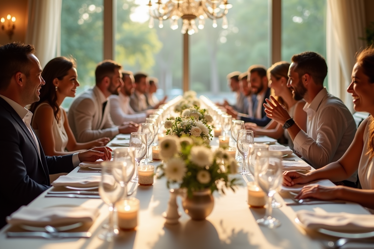 Table de mariage élégante avec invités souriants et décoration florale