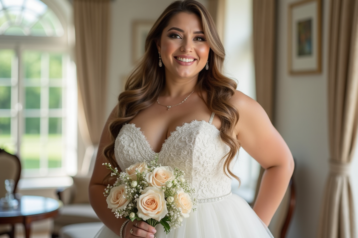 Mariée confiante en robe de mariage élégante et dentelle