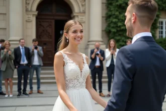 Mariée en robe de mariage dans un hall historique