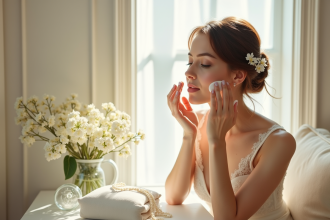 Mariée appliquant lotion visage près d'une fenêtre ensoleillée