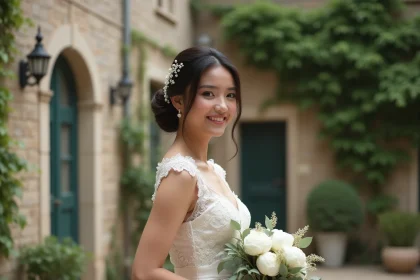 Mariée élégante en robe de mariée ivoire tenant un bouquet de pivoines blanches devant un château français en pierre