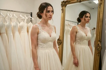 Mariée essayant une robe blanche en boutique devant un miroir, analyse de la silhouette et de la morphologie