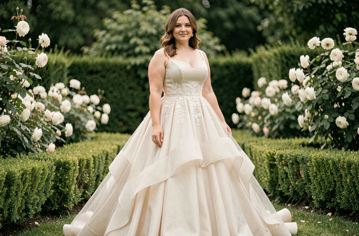 Mariée grande taille en robe ivoire à taille empire avec tulle dans un jardin fleuri
