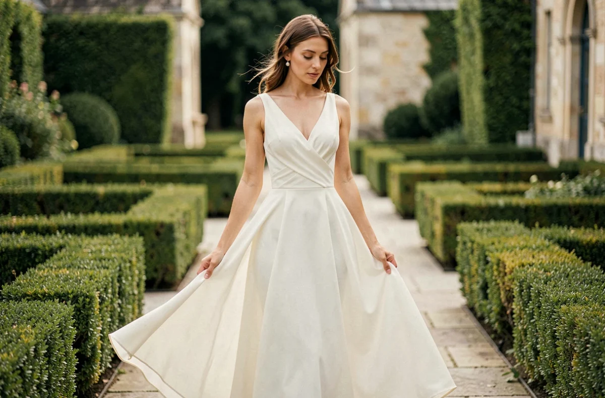 Mariée en robe empire en mousseline dans un jardin français, valorisation de la silhouette longiligne par le choix de la coupe