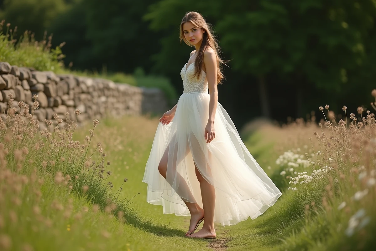 Mariée en robe ivoire enfilant une mule dorée dans une prairie champêtre lors d'une séance photo de mariage en plein air