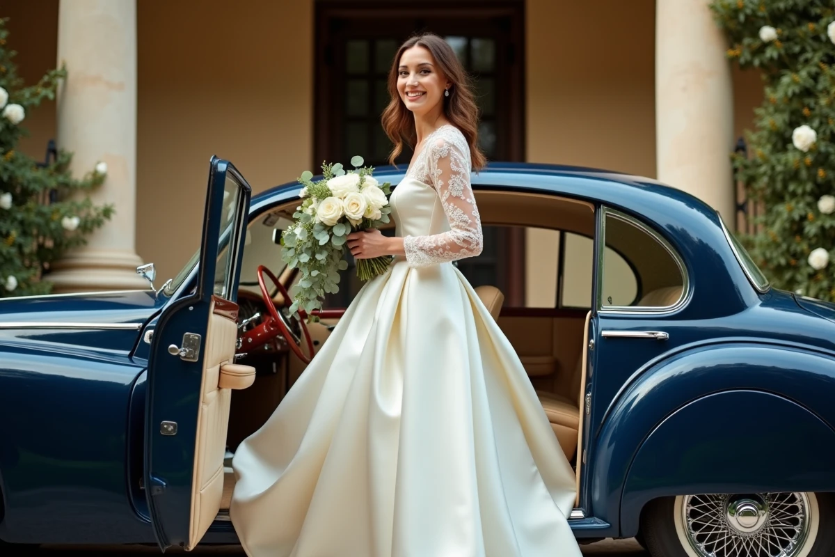 Mariée en robe ivoire sortant d'une Jaguar MK2 de collection bleue devant un hôtel particulier toulousain