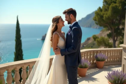 Mariés en tenue élégante sur une terrasse en bord de mer avec vue sur la Méditerranée lors d'un mariage dans un domaine côtier