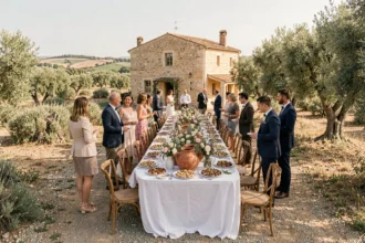 Table de réception de mariage dressée en plein air dans l'Hérault, avec décoration provençale et buffet de spécialités régionales