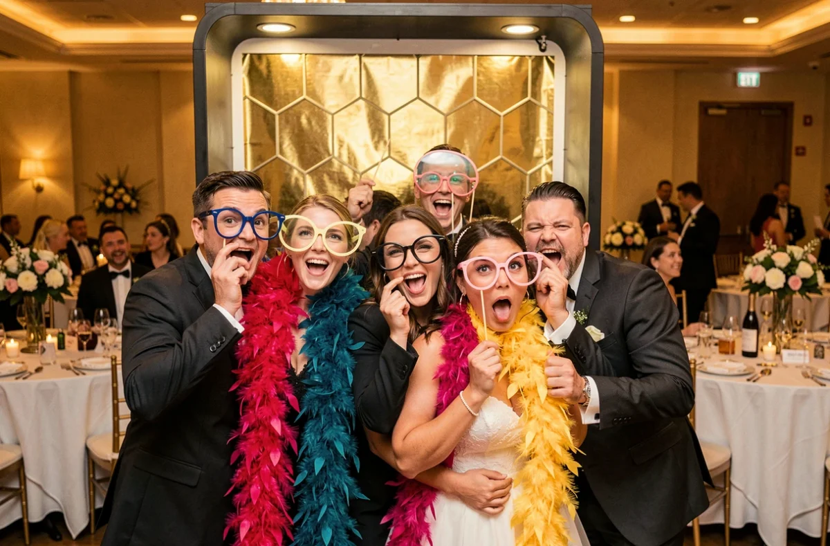 Invités s'amusant au photobooth lors d'un mariage à Tigery Essonne avec accessoires et décor géométrique doré, Mémoments Photographe