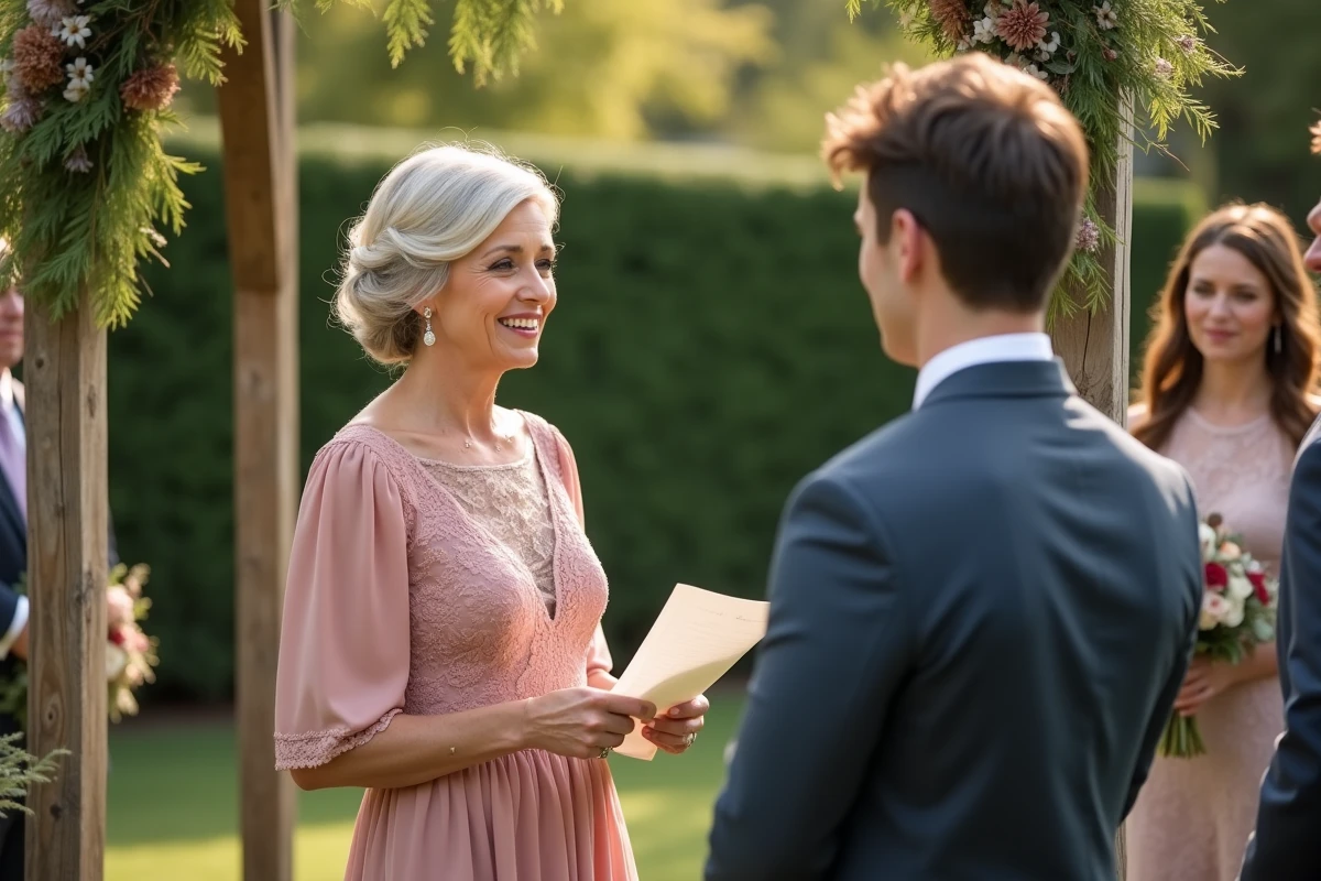 Mère de la mariée lisant un discours émouvant lors d'une cérémonie de mariage en plein air