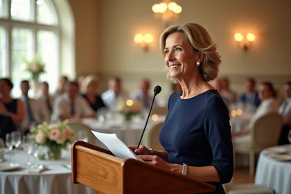Mère de la mariée nerveuse mais souriante faisant son discours lors d'un mariage, tenant ses notes manuscrites devant les invités