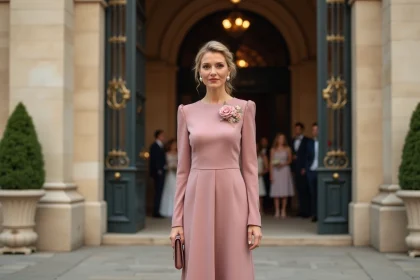 Mère de la mariée en robe midi rose poudré devant une mairie haussmannienne lors d'un mariage civil