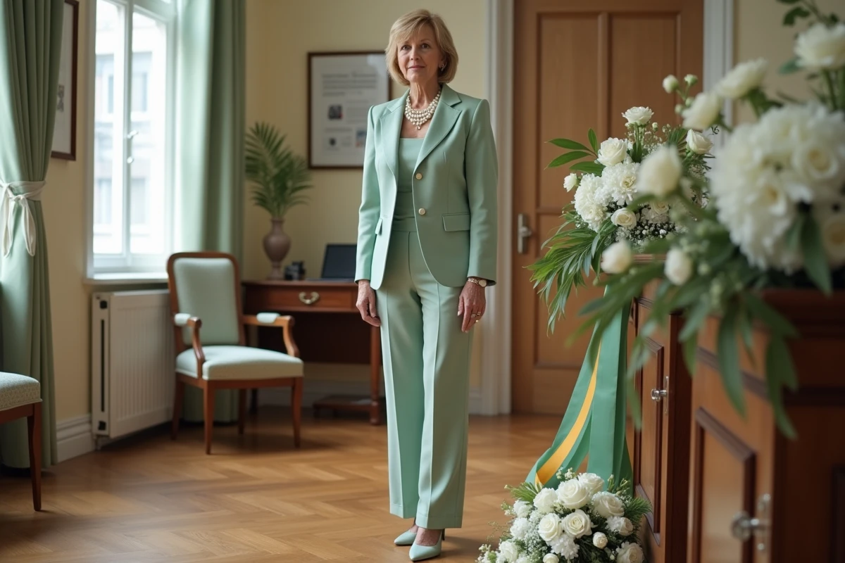 Mère de la mariée en tailleur pantalon vert sauge dans une salle de mariage civil décorée de fleurs blanches