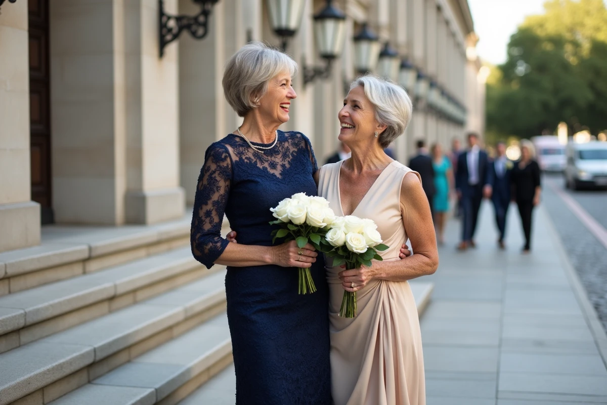 Deux mères élégantes en robe dentelle et soie riant sur les marches de la mairie lors d'un mariage civil