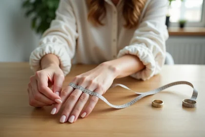 Femme mesurant son doigt avec un mètre ruban pour convertir sa taille de bague en centimètres
