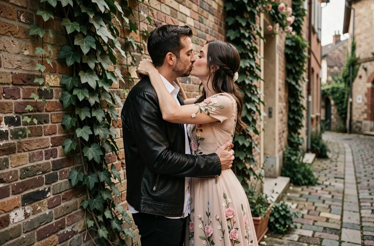 Couple de mariés en style rock romantique s'embrassant contre un mur de briques couvert de lierre, reportage Nicolas Baudry photographe Essonne