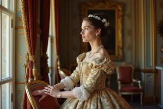 Dame noble en robe 17e siècle dans un salon versaillais