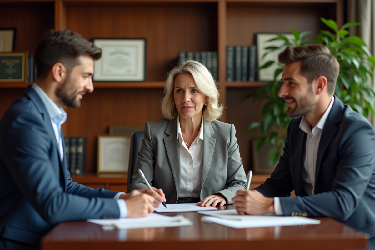 Notaire expliquant des documents à un jeune couple dans un bureau