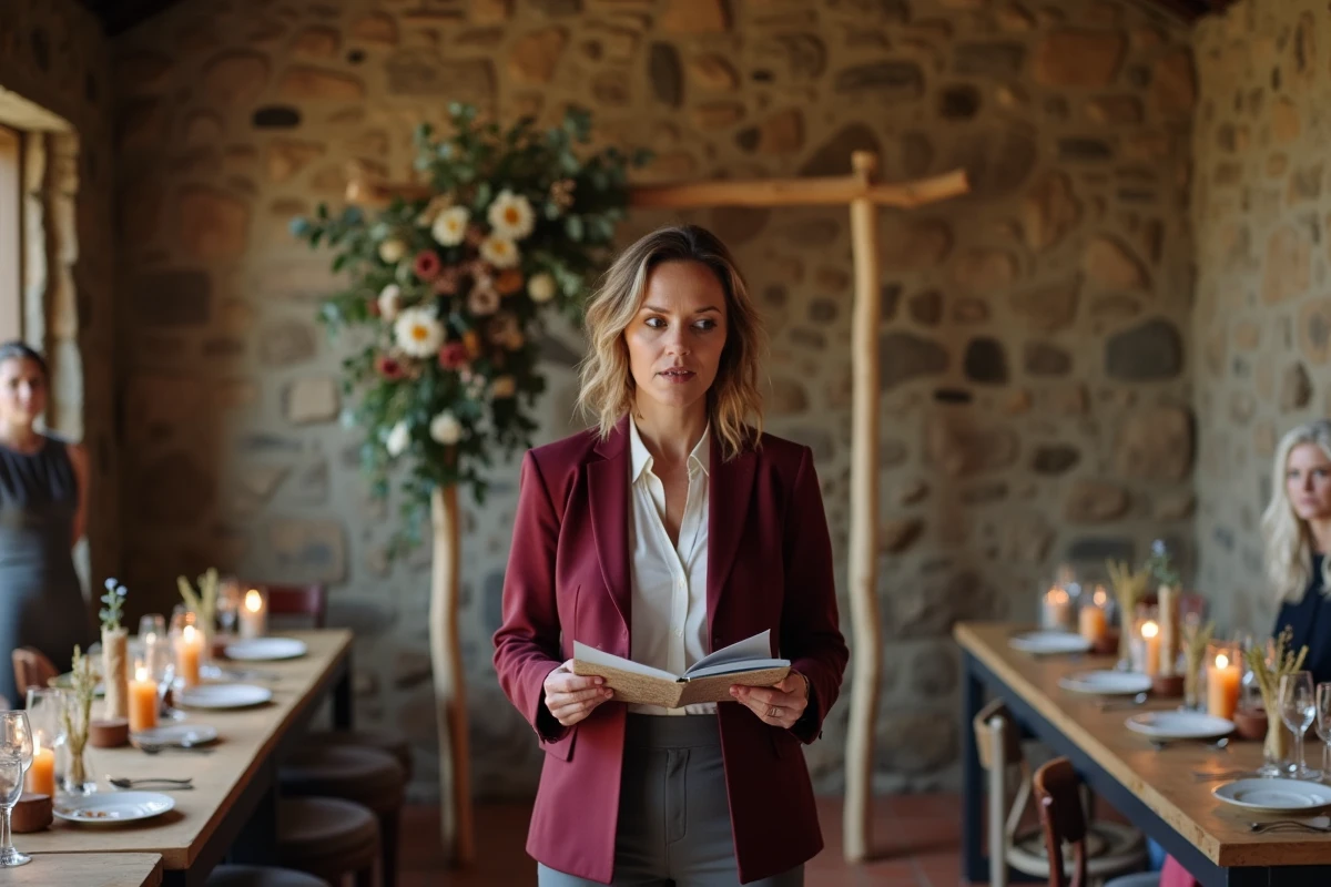 Officiant laïque lisant une cérémonie personnalisée dans une grange rénovée décorée de fleurs séchées