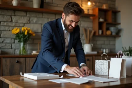 Homme souriant en costume organisant invitations mariage