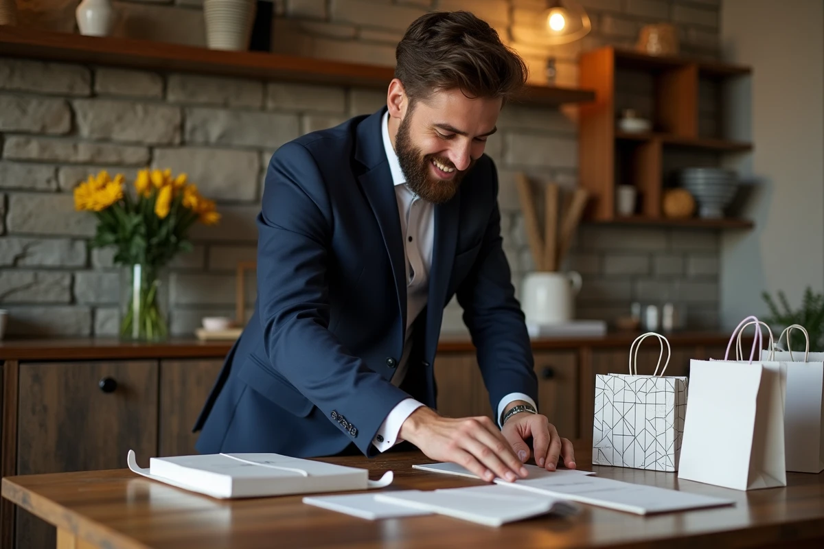 Homme souriant en costume organisant invitations mariage