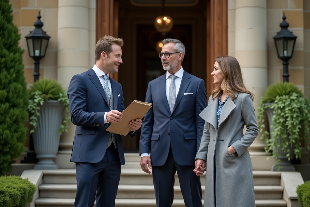 Organisateur de mariage expliquant details a un couple devant le lieu