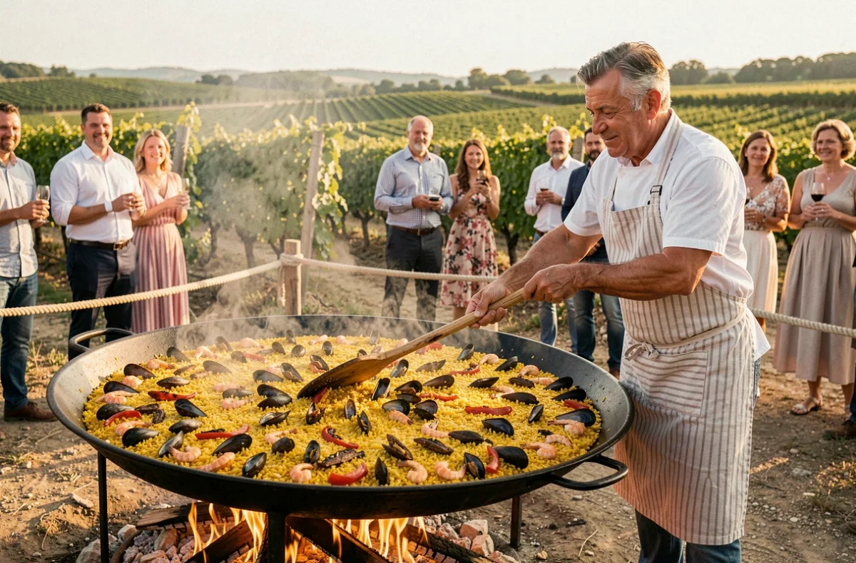 Chef de Paella del Pueblo préparant une paella géante traditionnelle pour un mariage en plein air dans l'Hérault avec vignes en arrière-plan