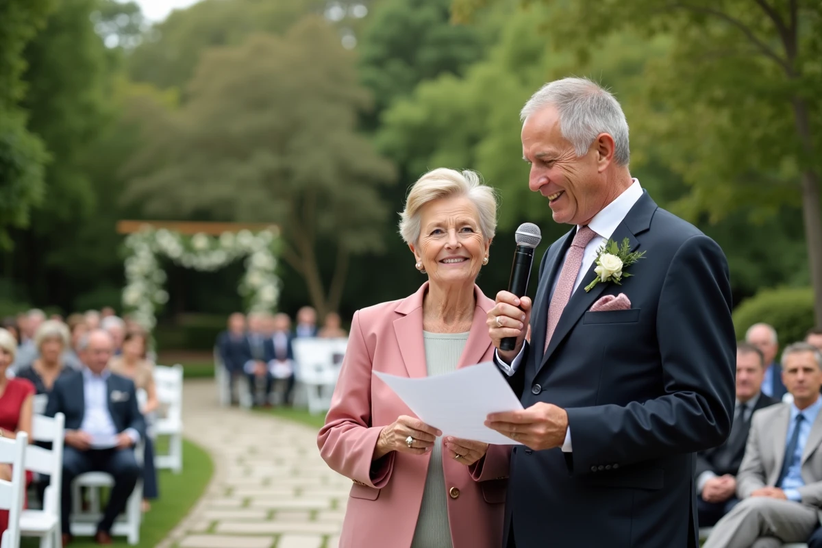 Couple de parents lisant ensemble leur discours de mariage en plein air devant les invités réunis dans un jardin fleuri