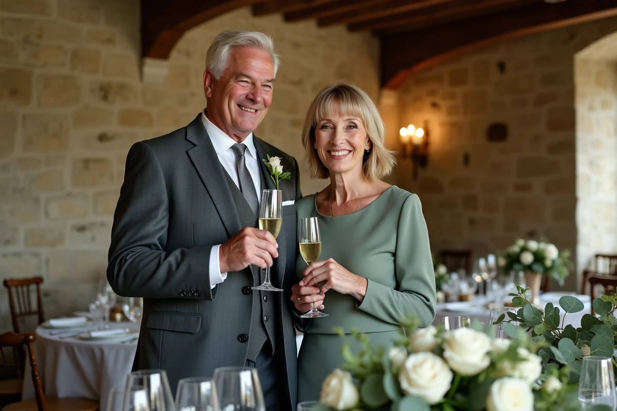 Parents des mariés portant un toast et prononçant un discours commun lors d'un mariage en château