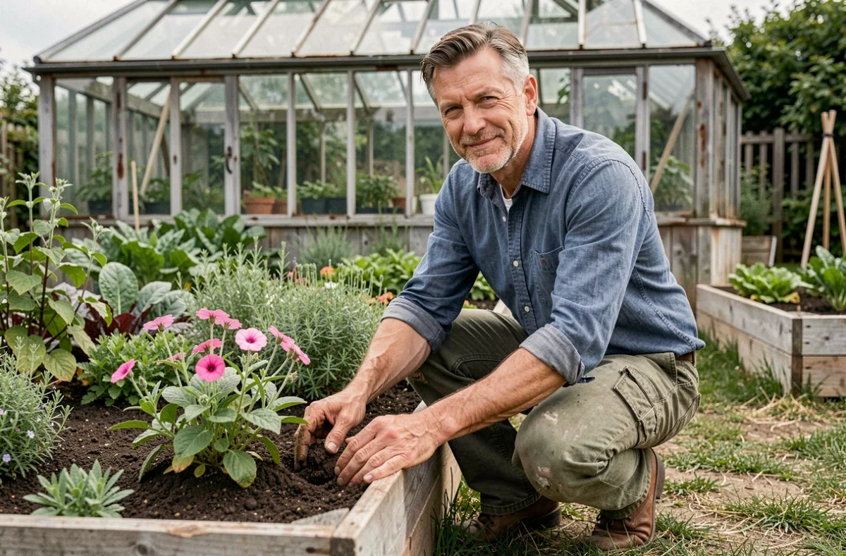Homme passionné de jardinage travaillant la terre dans un potager soigné avec une serre ancienne en arrière-plan