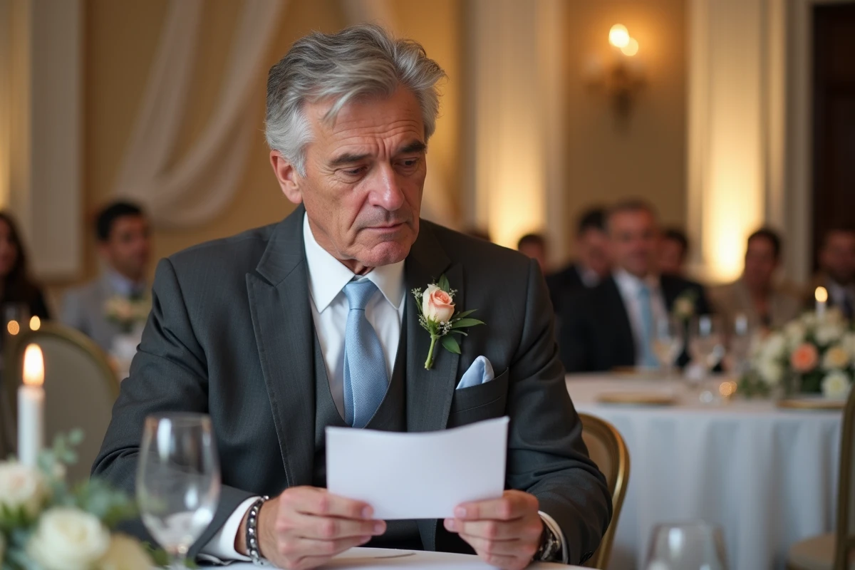 Père du marié faisant son discours assis à la table du banquet de mariage, micro en main et notes posées devant lui