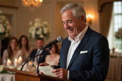 Père de la mariée prononçant un discours sincère lors d'un mariage en salle de réception élégante