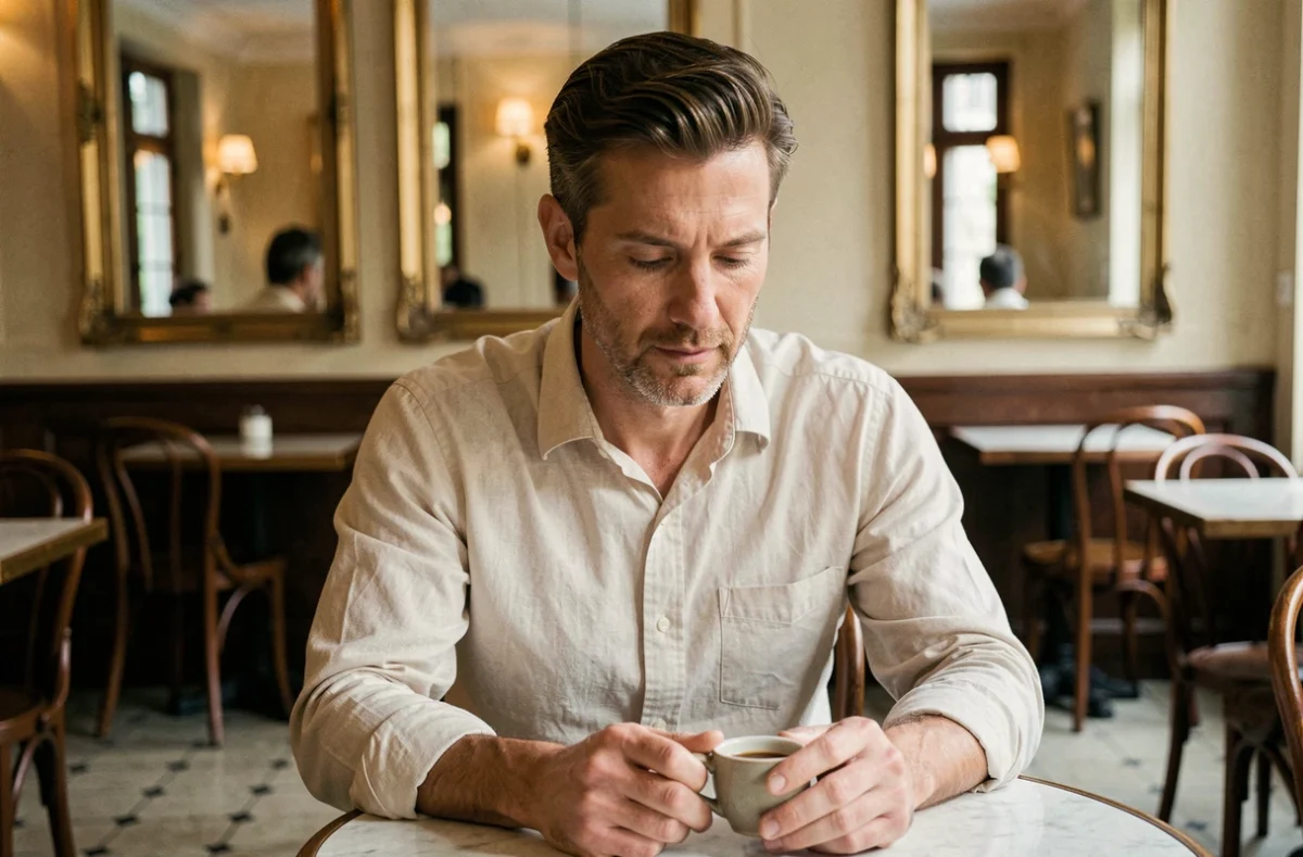 Personnalité médiatique masculine en réflexion dans une brasserie parisienne, tenant un café espresso, ambiance intimiste