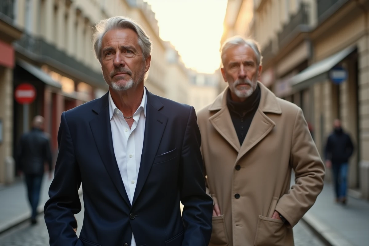 Personnalité médiatique et son conjoint marchant ensemble dans une rue parisienne, entre vie publique et intimité préservée