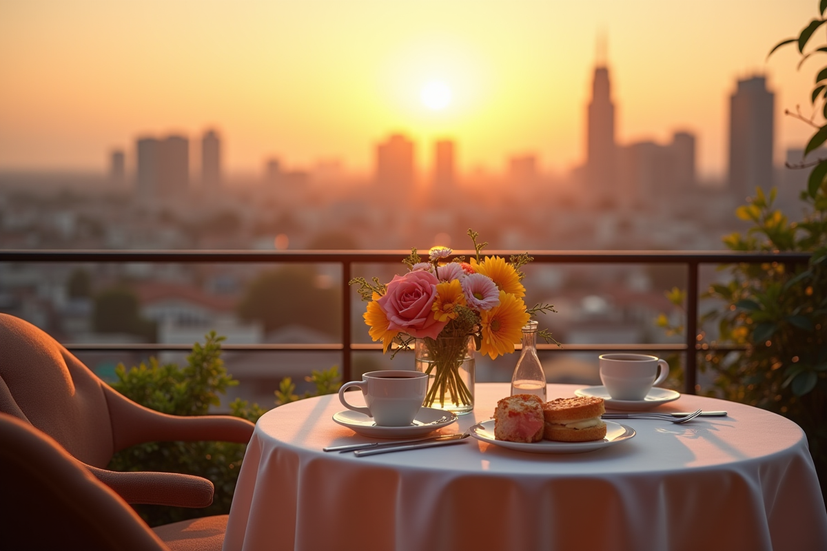 Table pour deux avec petit déjeuner sur une terrasse en ville au lever du soleil