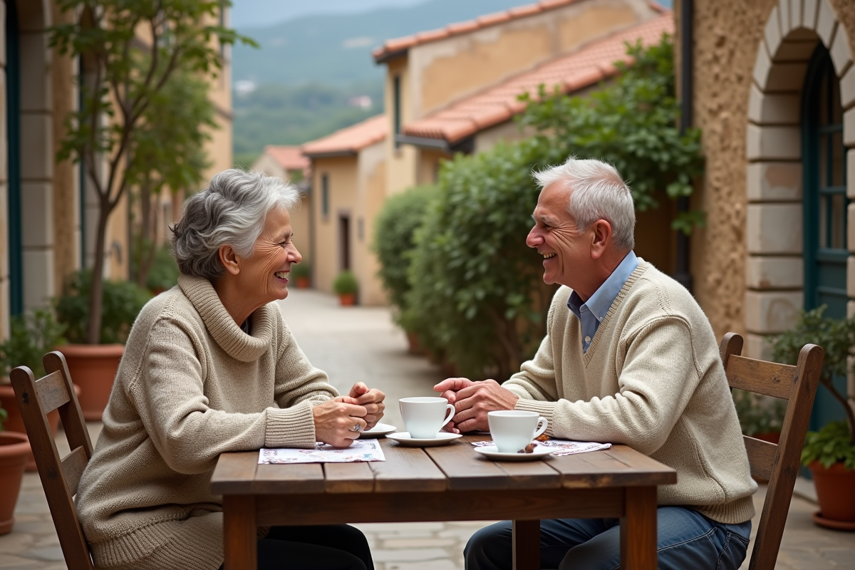 Couple partage un petit déjeuner dans un village mediterreane