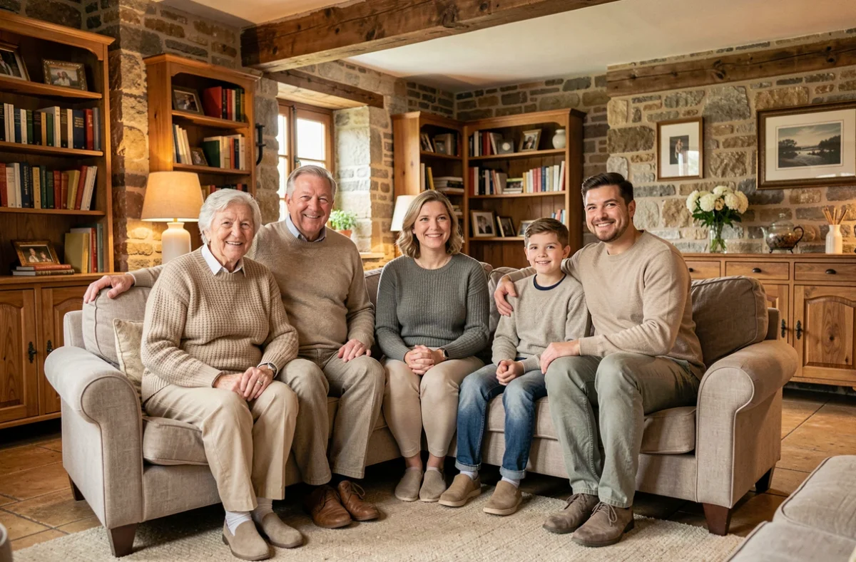 Séance photo de famille multigénérationnelle dans un intérieur lorrain typique près de Hayange