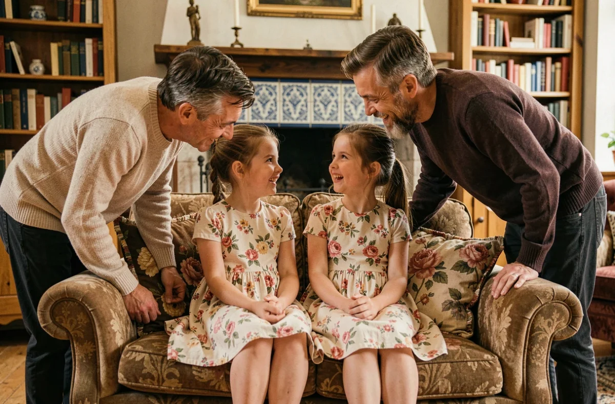 Séance photo de famille en intérieur dans un salon typique de Lorraine avec deux fillettes et leurs parents