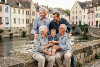 Séance photo de famille multigénérationnelle au bord de la Sarre à Sarreguemines avec façades colorées en arrière-plan