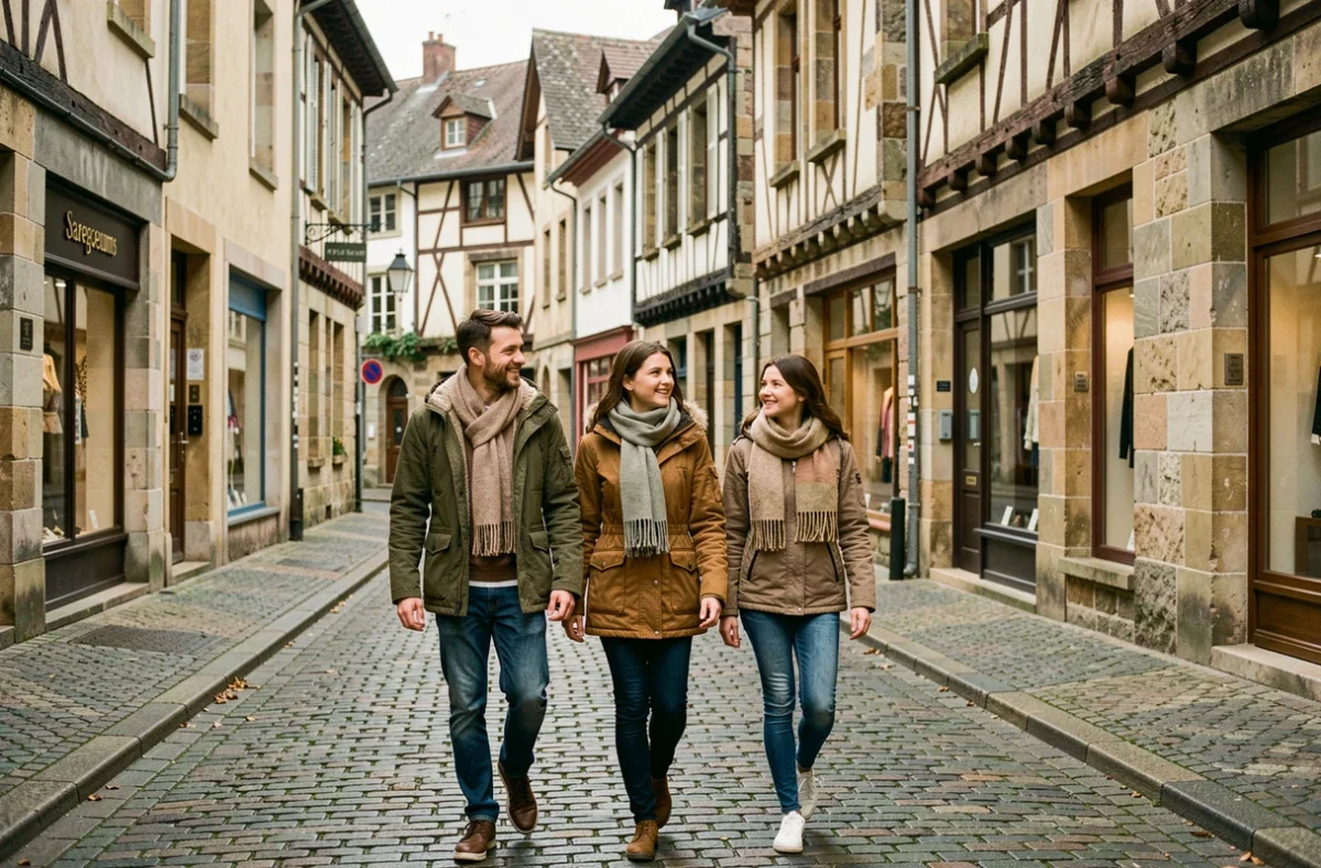 Père et ses deux adolescents en promenade dans la rue piétonne historique de Sarreguemines en automne
