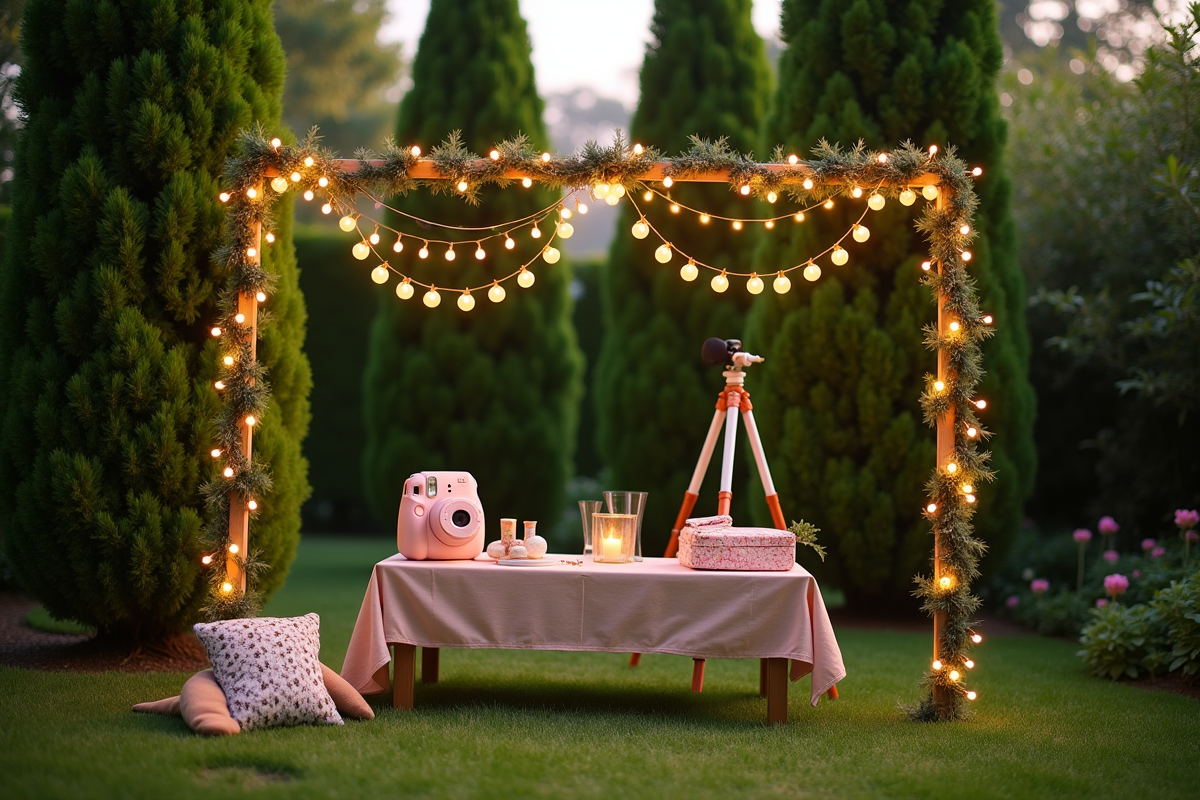 Installation photobooth en jardin avec lumières et accessoires