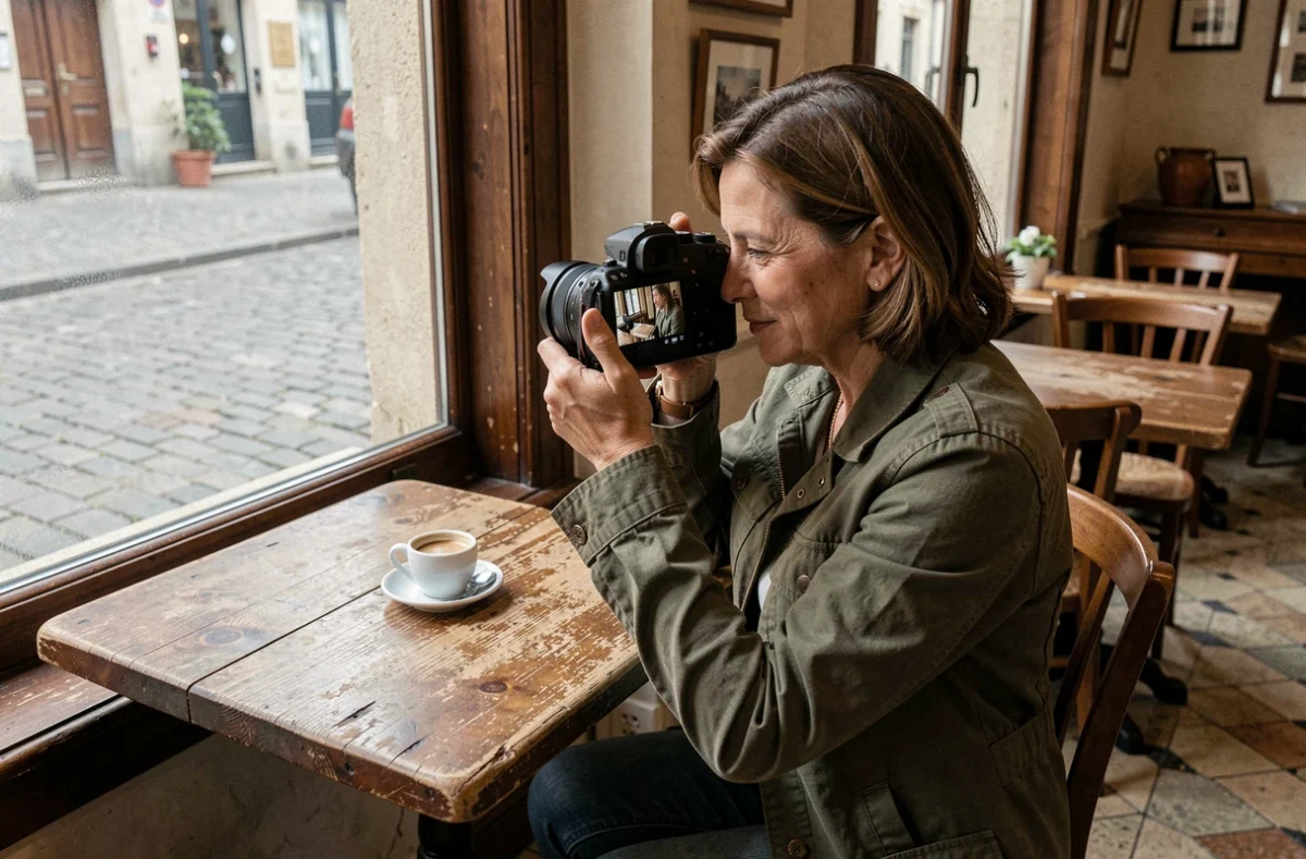 Photographe professionnelle révisant ses photos sur son appareil dans un café du centre-ville de Vendôme