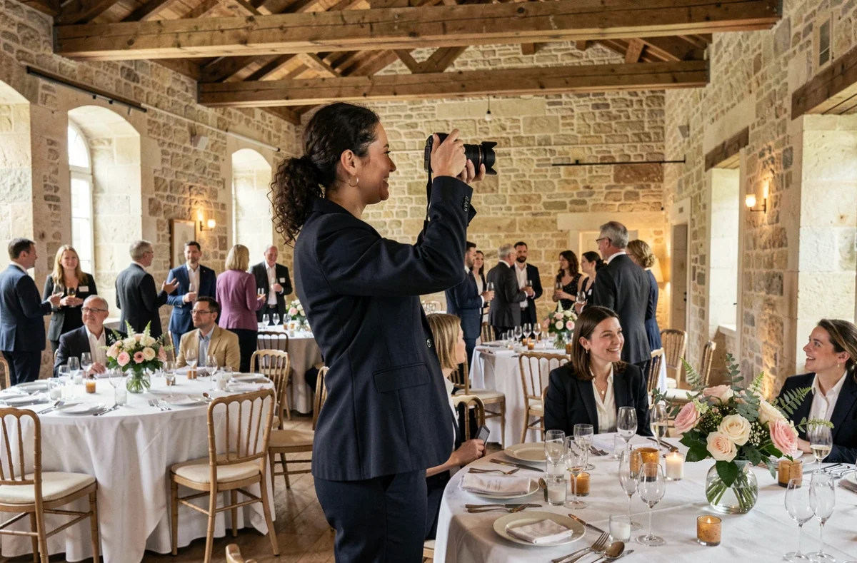 Photographe professionnelle en action lors d'un événement d'entreprise dans une salle de réception à Vendôme